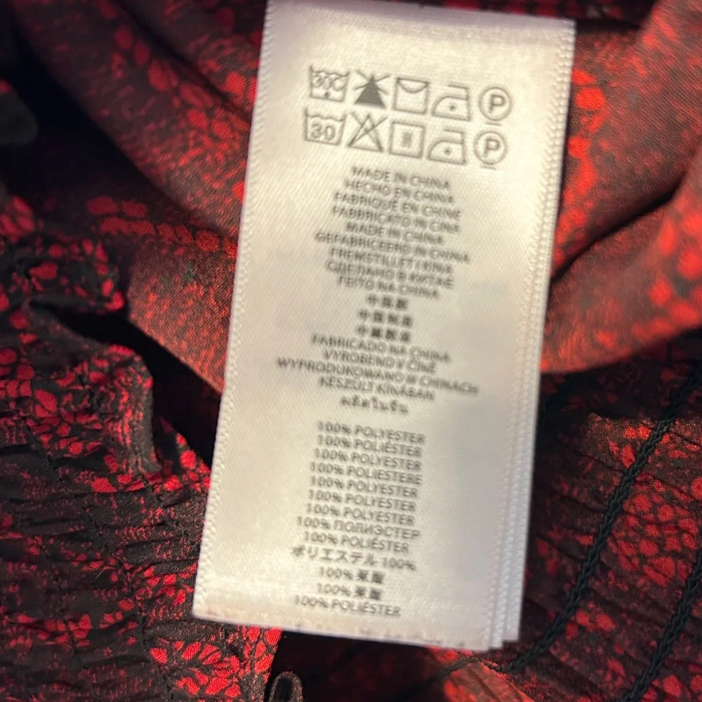Michael Kors Red & Black Abstract Lace Print Smocked Waist Blouse